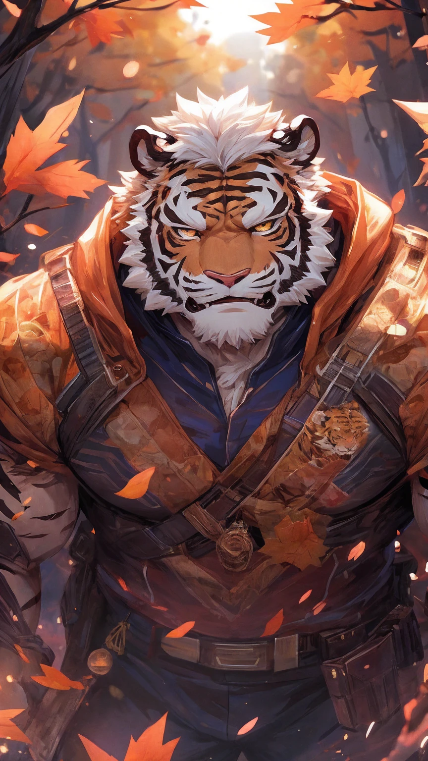 human nature， Wildlife， male， 3，uncle，， （（Round Face， Face plump， Golden Eyes， Thick white hair， scar））， （（（endosome， Handsome， Hot Blood））， （Mecha suit，No power，exhausted）， （（Domestic white tiger， Tiger Orc） Fluffy皮毛， Fluffy， Blue Stripes）， （Tiger print）， Bokeh， （high quality， high resolution， masterpiece）， （Dynamic Lighting， Vibrant colors）， （Revitalize，harm，Contempt）， Full body pictures（close up）， cartoon， （background：Maple Forest），Mid-Autumn Festival，Eat mooncakes
