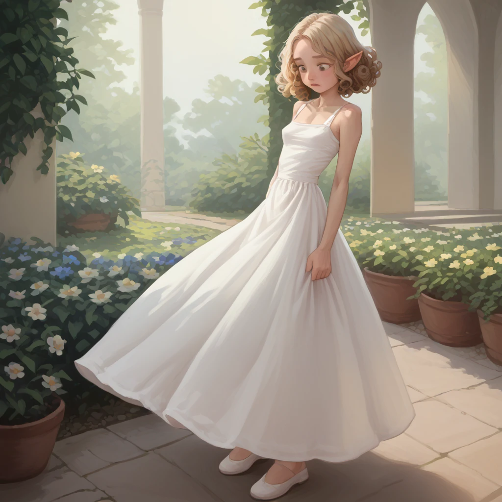 SFW,  Best Quality, High resolution, 1girl in, Full body, Details Girl, detail hands, Detail fingers, Detail Face, detail 1girl in, elf, Looking down, Flower Garden, pale skin, ((very skinny:1.3)), Blonde hair,, curly Hair, , very short undersized sundress ,very short skirt, (tall torso) (gigantic breasts) (covered breasts:1.5), shocked emotions, transparent dress, sunlight shafts through dress, , perfect lighting, cinematic composition, highly detailed, photorealistic, 8k, best quality, masterpiece, (arms holding breasts:1.3), ((close up)