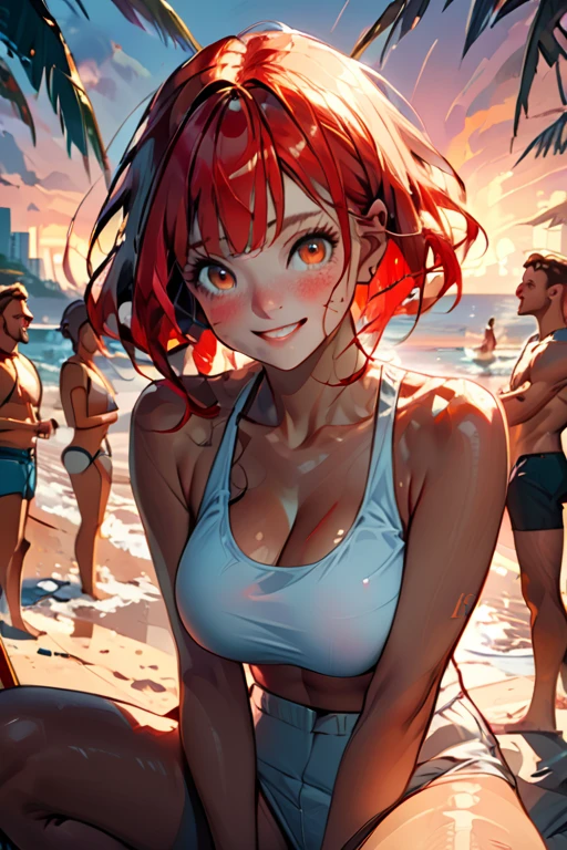 1 young woman; age 18; Slender, athletic; bright red hair; expressive light brown eyes with black pupils; attractive; lightly tanned skin; high detail freckles on face; very large breasts; trending on artstation; complex volumetric lighting; strong shadows; artistic lighting; dynamic; energetic vibe; realistic skin; specular highlights; micro-textures; highly detailed hair; wearing a white tank top; sitting on the beach at sunset with vibrant hues in the sky; beautifully detailed; epic focus including artists like Loish; Rhads; Beeple; Makoto Shinkai; Lois van Baarle; Ilya Kuvshinov; RossDraws; Tom Bagshaw; Alphonse Mucha; background contains a beach party; laughing expression