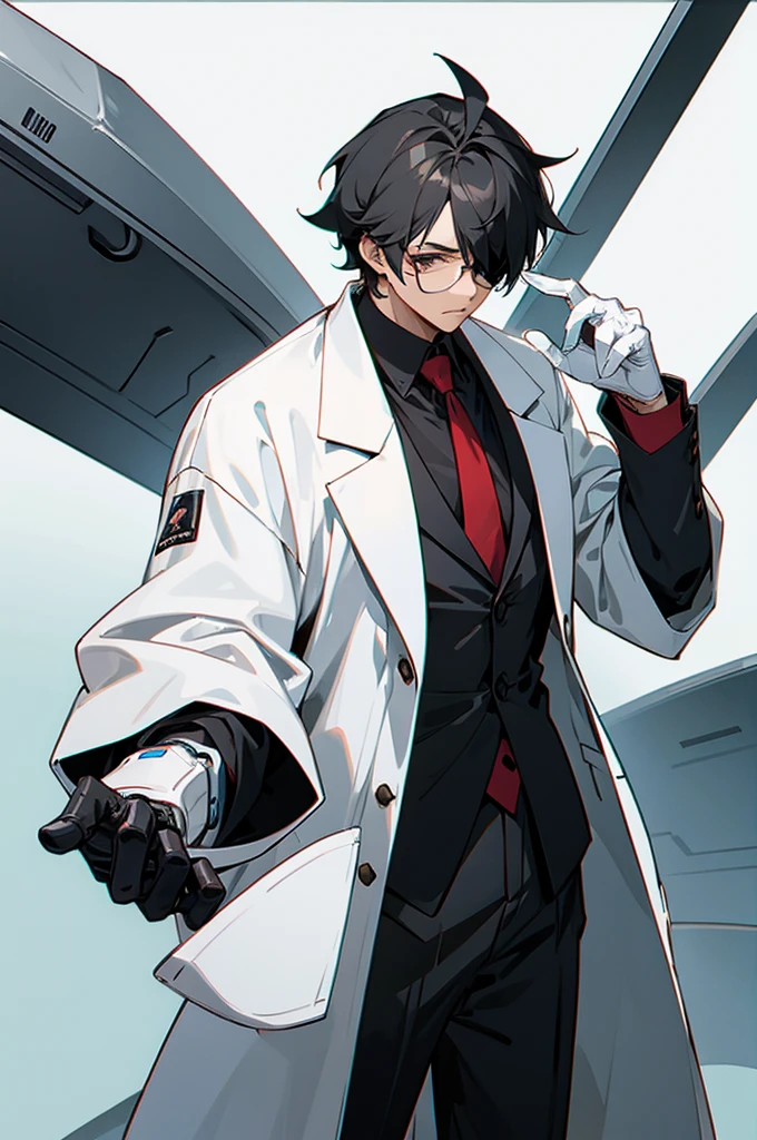 male, black hair, labcoat, glasses, Scientist background, robo eyepatch