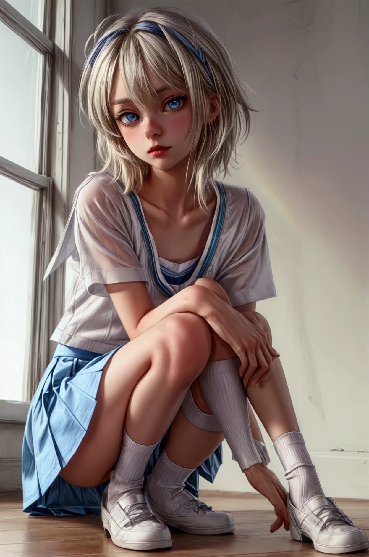 Anime style, Highres, Masterpiece, Best quality at best, Best Quality, hight quality, hight detailed, young blonde girl, perfect  body, cute, detailed light blue eyes, detailed eyes, short hair, messy hair, pastel rainbow inner hair color mesh, Neutral Facial Features, crouching down, front view, wears white sailor suit, boy chest, pink tie, Blue sailor skirt, mini skirt, without breasts, beautiful long legs, white stockings over knee, perfect black school shoes, perfect body, classroom at school, highest quality, panties