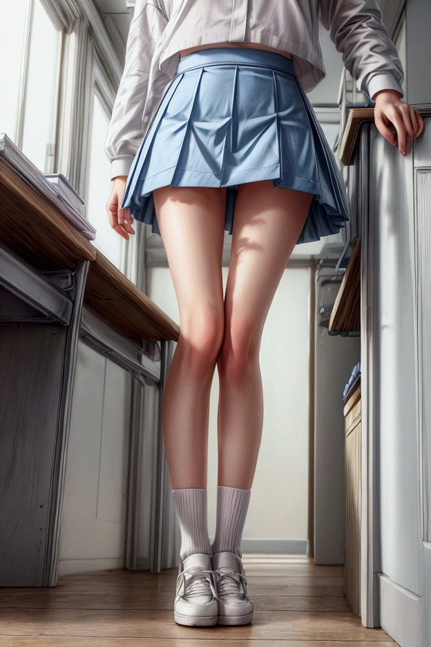 Anime style, Highres, Masterpiece, Best quality at best, Best Quality, hight quality, hight detailed, young blonde girl, perfect  body, cute, detailed light blue eyes, detailed eyes, short hair, messy hair, pastel rainbow inner hair color mesh, Neutral Facial Features, crouching down, front view, wears white sailor suit, boy chest, pink tie, Blue sailor skirt, mini skirt, without breasts, beautiful long legs, white stockings over knee, perfect black school shoes, perfect body, classroom at school, highest quality, panties