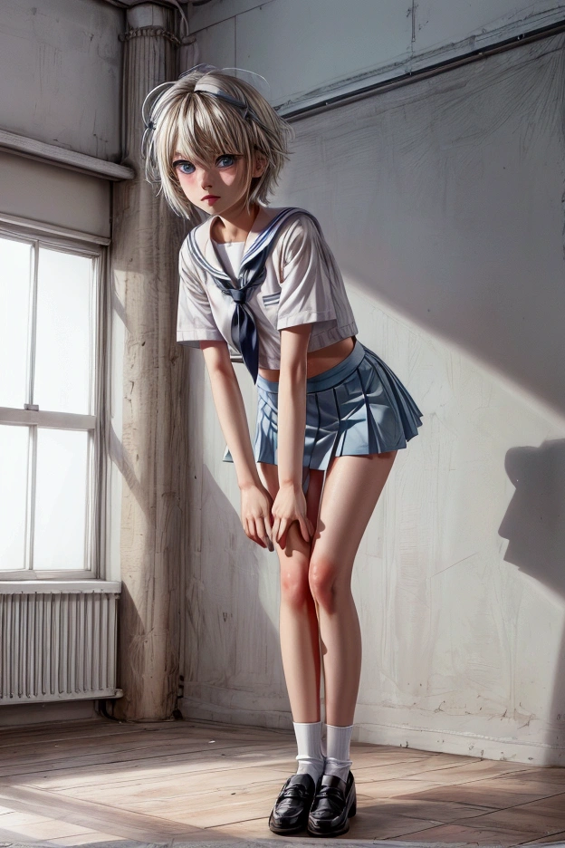 Anime style, Highres, Masterpiece, Best quality at best, Best Quality, hight quality, hight detailed, young blonde girl, perfect  body, cute, detailed light blue eyes, detailed eyes, short hair, messy hair, pastel rainbow inner hair color mesh, Neutral Facial Features, crouching down, front view, wears white sailor suit, boy chest, pink tie, Blue sailor skirt, mini skirt, without breasts, beautiful long legs, white stockings over knee, perfect black school shoes, perfect body, classroom at school, highest quality, panties