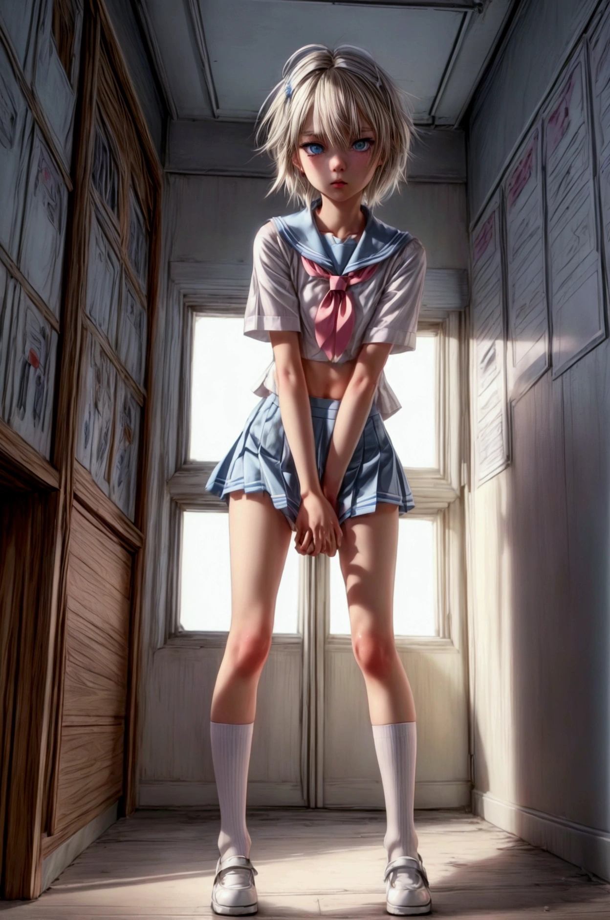 Anime style, Highres, Masterpiece, Best quality at best, Best Quality, hight quality, hight detailed, young blonde girl, perfect  body, cute, detailed light blue eyes, detailed eyes, short hair, messy hair, pastel rainbow inner hair color mesh, Neutral Facial Features, crouching down, front view, wears white sailor suit, boy chest, pink tie, Blue sailor skirt, mini skirt, without breasts, beautiful long legs, white stockings over knee, perfect black school shoes, perfect body, classroom at school, highest quality, panties