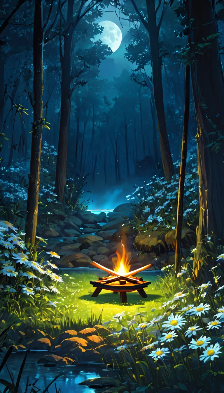 painting of a forest, moonlit forest environment, quiet forest night scene, dark forest in the background, night forest background, mystical forest lagoon, dark forest in background, anime lush john 8k woods, elf forest background, concept art of a dark forest, magical forest in the background, deep forest in the night, night forest, Create a serene digital painting of a dense forest at night, captured in a high resolution 8k format with a 9:16 proportion. The scene should center around a cozy bonfire that flickers gently, casting warm light against the cool, blue and green hues of the surroundings. Directly in front of the fire, place an open red book on the grass, which looks as if it invites mystery and adventure. Surround the book with daisies and a carefully arranged assortment of ninja weaponry, including shurikens, kunai, and other shinobi equipment, all seamlessly integrated into the natural setting. The overall atmosphere should be dreamy, evoking a story waiting to be unfolded