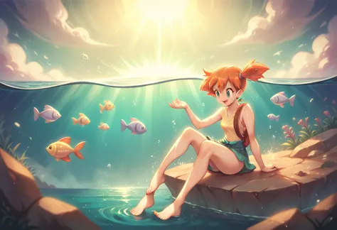 misty from pokémon as disney's little mermaid, sitting on a rock with her orange hair and green tail. in front of her, ash is on...