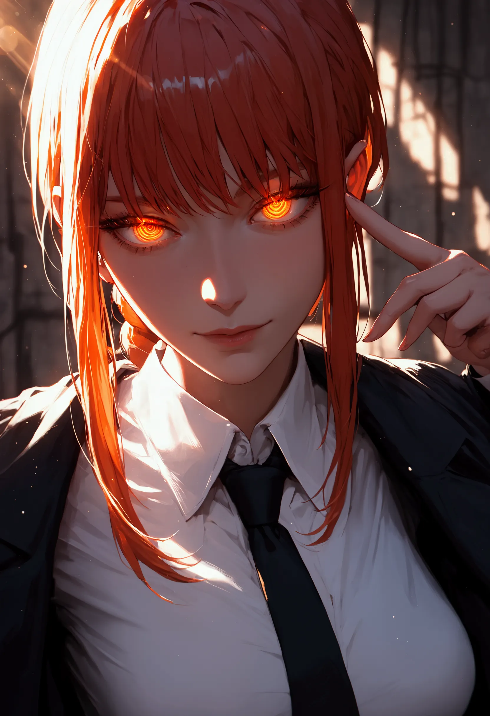 1girl,adult,mature female,long hair,orange hair,single braid,orange  eyes,glowing eyes,looking at viewer,(evil smile:0.6),medium...