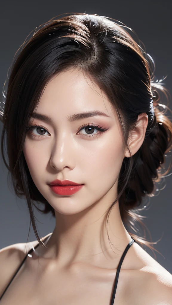 High resolution, masterpiece, high quality, Textured skin, Ultra high definition, Background blur, far and near method, woman、30th Generation、Face close-up、Large Breasts、A seductive smile、Red Lip、Center-parted black hair、Droopy eyes、bikini、Simple Background, 