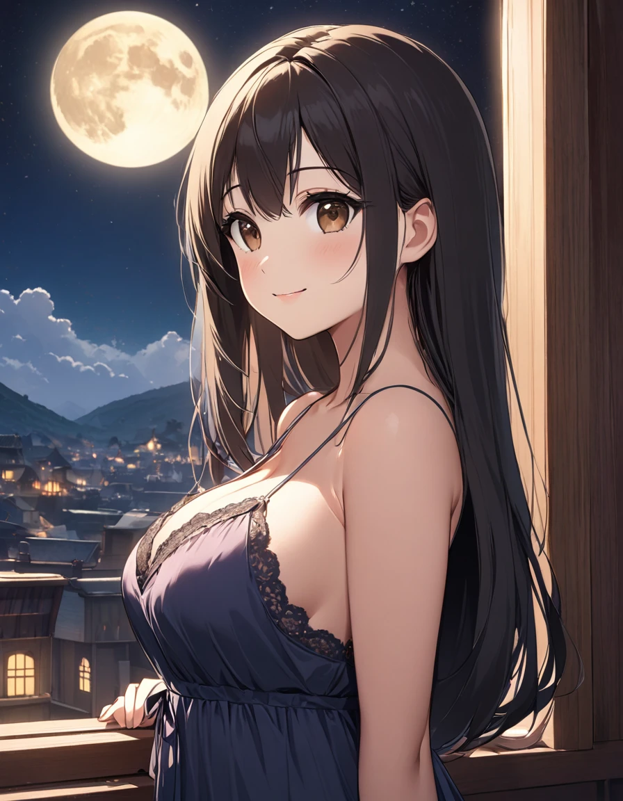 4k, bestquality, detailed, detailed scenery, detailed eyes, 1Girl, cute, adorable, straight hair, long hair, black hair, brown eyes, cleavage, smiling, looking at the camera, standing, Looking out the window, there is a one big full moon in the sky, Negligee, from side