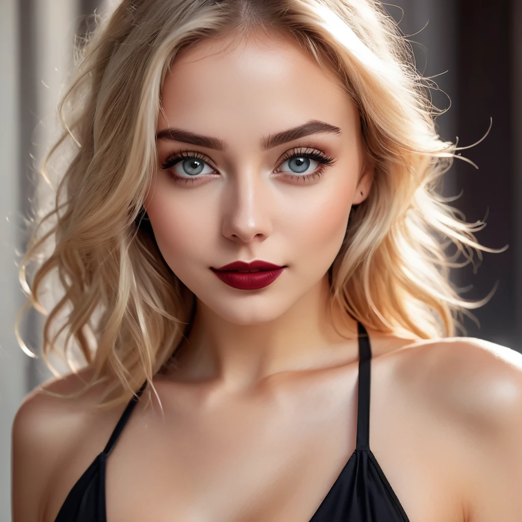 beautiful blonde girl, close-up portrait, extremely detailed eyes, eyeliner, dark red lipstick, modest black bikini, focus on eyes, still from a cinema movie, joyful atmosphere, beautiful tempting smile, (best quality, 4k, 8k, highres, masterpiece:1.2), ultra-detailed, (realistic, photorealistic, photo-realistic:1.37), sensual, seductive, intricate, vivid colors, dramatic lighting