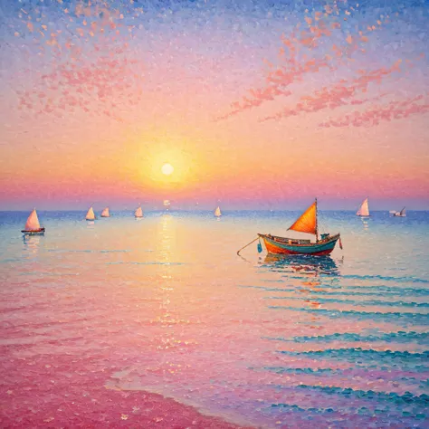 best quality , a detailed illustration of , 16k , pointillism technique , fishing boat floating on calm sea , sunset sky , beaut...