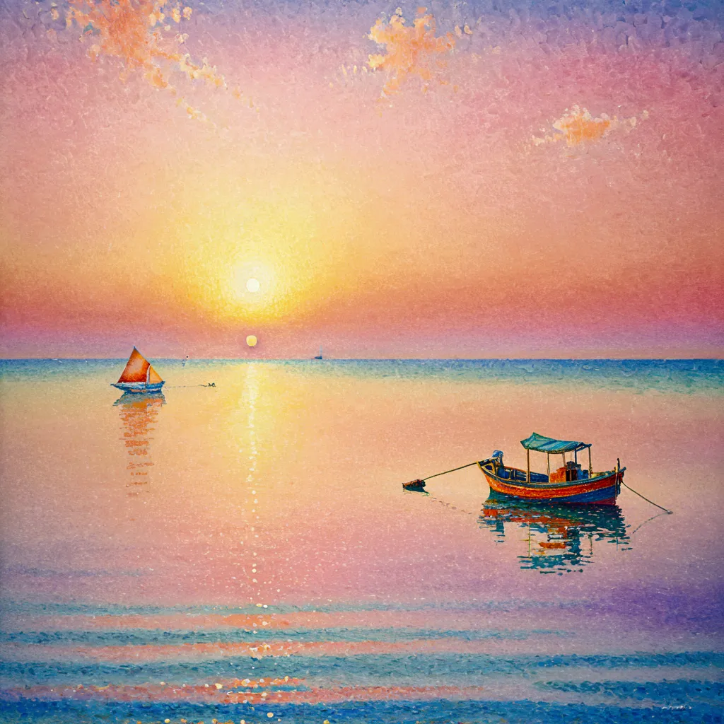 best quality , a detailed illustration of , 16k , pointillism technique , fishing boat floating on calm sea , sunset sky , beaut...