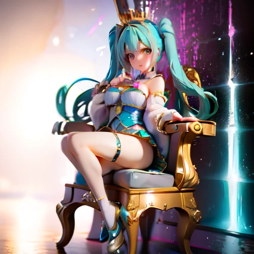 1girl, Hatsune Miku, princess outfit, crown, gold, ((throne)), in a castle, Middle Ages, wearing a blue vest, one foot on the ground, the other foot calf turned outward, one hand holding the microphone, the other hand across the eyes Biye, white background