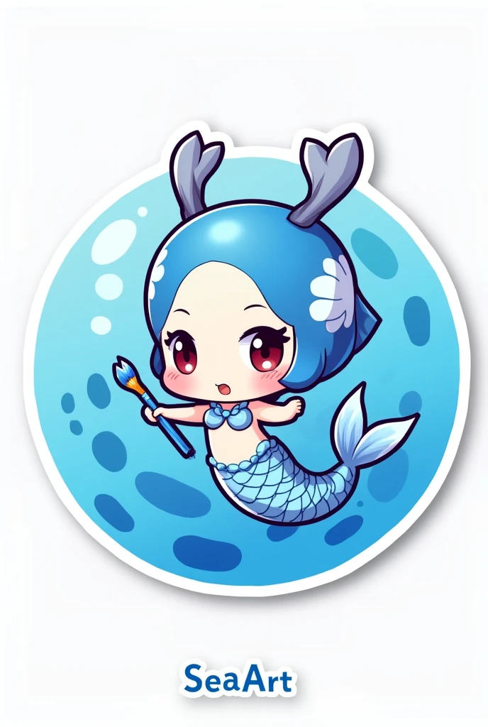 Digital 2D Artwork，Sticker style，Chibi style，A cute mermaid chibi，Blue and white fish tail，The head and tail form a ring disk on the blue ring paint palette，Blue and white fish head，Happy face，Cute big eyes，Holding a paintbrush in mouth，antlers，Blue circular paint palette background，There is the text &quot;SeaArt&quot; below