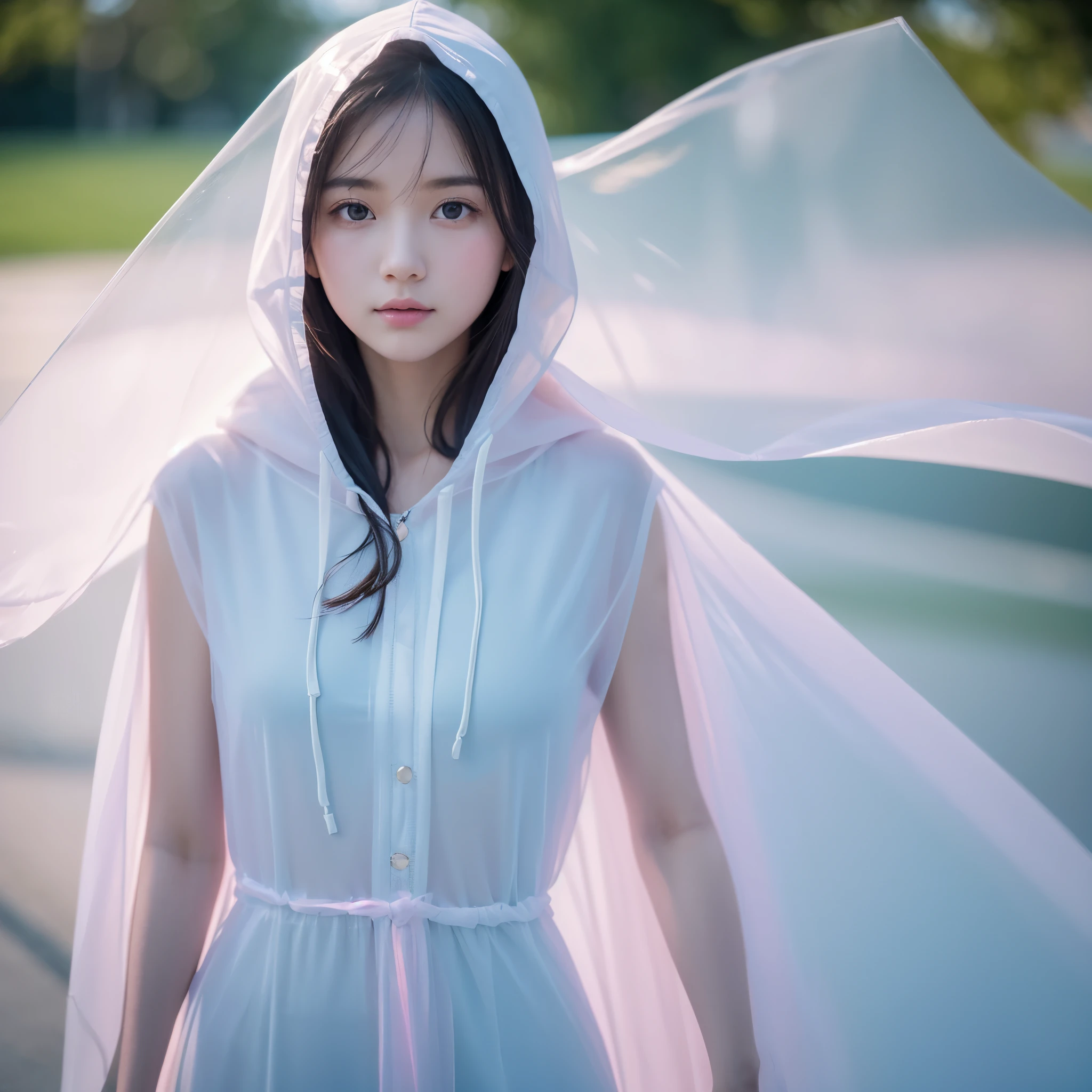 Masterpiece, best quality, photorealistic, young woman, model, Wearing a transparent plastic hooded cape with reflective surfaces, soft and serene expression, slightly downcast eyes, pale skin, subtle pink and blue lighting reflections on the outfit, the material of the cape catching and refracting light, Soft, diffused lighting, cool-toned background with gentle gradients, cinematic atmosphere, pastel colors, Medium close-up shot, 85mm lens, f/1.4 aperture, focused on full body,  soft bokeh background, fine details on the transparent plastic material. 