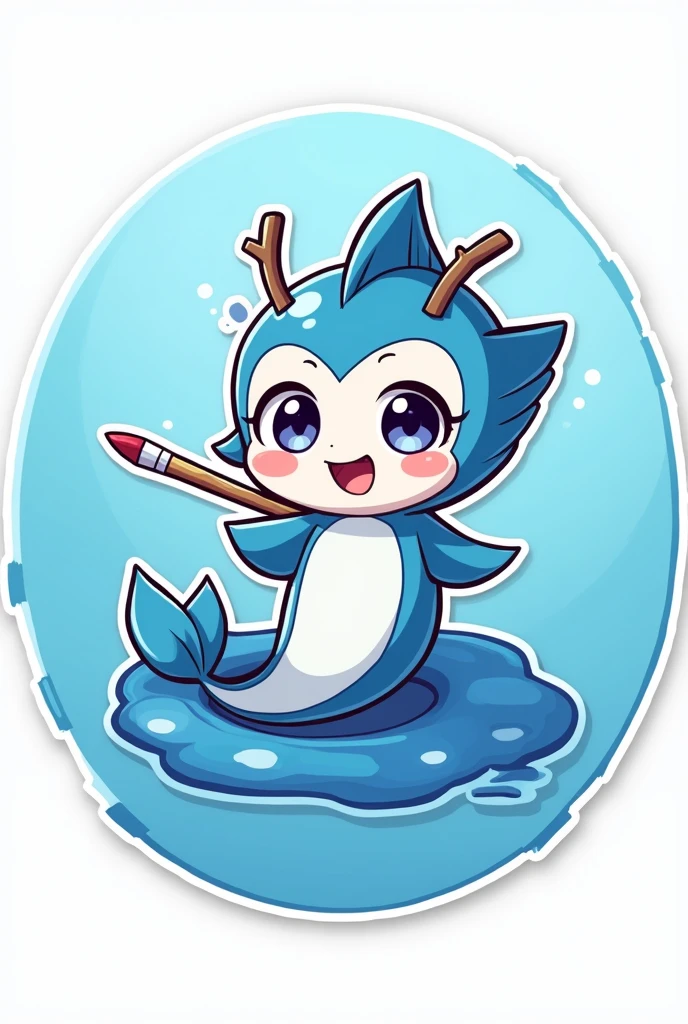 Digital 2D Artwork，Sticker style，Chibi style，A cute mermaid chibi，Blue and white fish tail，The head and tail form a ring disk on the blue ring paint palette，Blue and white fish head，Happy face，Cute big eyes，Holding a paintbrush in mouth，antlers，Blue circular paint palette background，There is the text &quot;SeaArt&quot; below