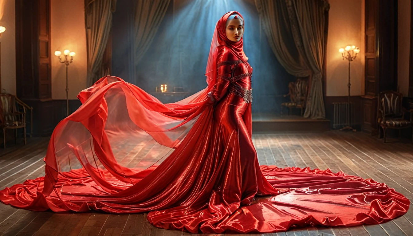 woman shrouded in a 10-meter-long, plush red semi transparent satin shimmer cloth, tightly bound and grandly draping along the form of her body, flowing off into a pooled floor-length train, styled in a mermaid-inspired outfit, her head modestly veiled in a satin hijab,tall woman, standing in stage and singing in orchestra, a full-body pose conveying a sense of mysterious elegance, captured in a 4k resolution, ultra-realistic,(best quality,4k,8k,highres,masterpiece:1.2),ultra-detailed,(realistic,photorealistic,photo-realistic:1.37),HDR,UHD,studio lighting,ultra-fine painting,sharp focus,physically-based rendering,extreme detail description,professional,vivid colors,bokeh,portraits,fantasy,cinematic lighting