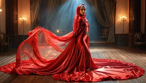 woman shrouded in a 10-meter-long, plush red semi transparent satin shimmer cloth, tightly bound and grandly draping along the f...