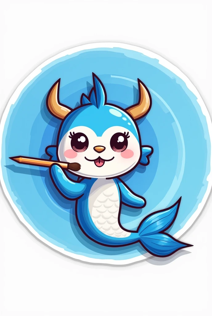 Digital 2D Artwork，Sticker style，Chibi style，A cute mermaid chibi，Blue and white fish tail，The head and tail form a ring disk on the blue ring paint palette，Blue and white fish head，Happy face，Cute big eyes，Holding a paintbrush in mouth，antlers，Blue circular paint palette background，There is the text &quot;SeaArt&quot; below