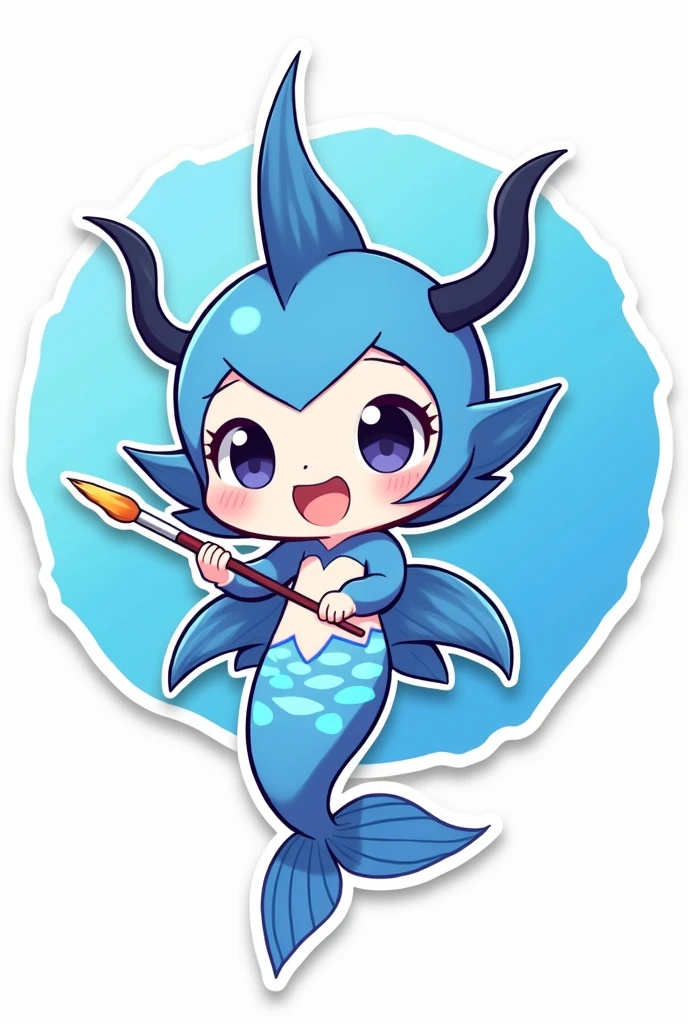 Digital 2D Artwork，Sticker style，Chibi style，A cute mermaid chibi，Blue and white fish tail，The head and tail form a ring disk on the blue ring paint palette，Blue and white fish head，Happy face，Cute big eyes，Holding a paintbrush in mouth，antlers，Blue circular paint palette background，There is the text &quot;SeaArt&quot; below