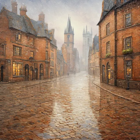 best quality, a detailed illustration, 16k, medieval european city, cobblestone street, rain-soaked bricks, puddle reflecting di...