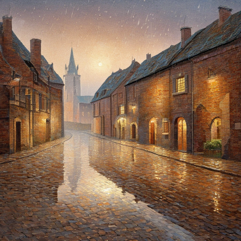 best quality, a detailed illustration, 16K, medieval European city night , cobblestone street, rain-soaked bricks, puddle reflecting distorted landscape, soft reflections, moody and dreamlike atmosphere, wet pavement, warm brick colors, overcast sky, subtle mist, calm and serene, slight fog in the distance, soft lighting, impressionism, use bright and muted colors