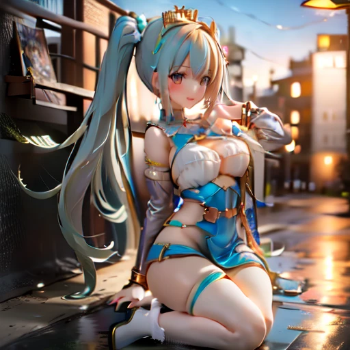 1girl, Hatsune Miku, princess outfit, crown, gold, ((throne)), in a castle, Middle Ages, wearing a blue vest, one foot on the ground, the other foot calf turned outward, one hand holding the microphone, the other hand across the eyes Biye, white background