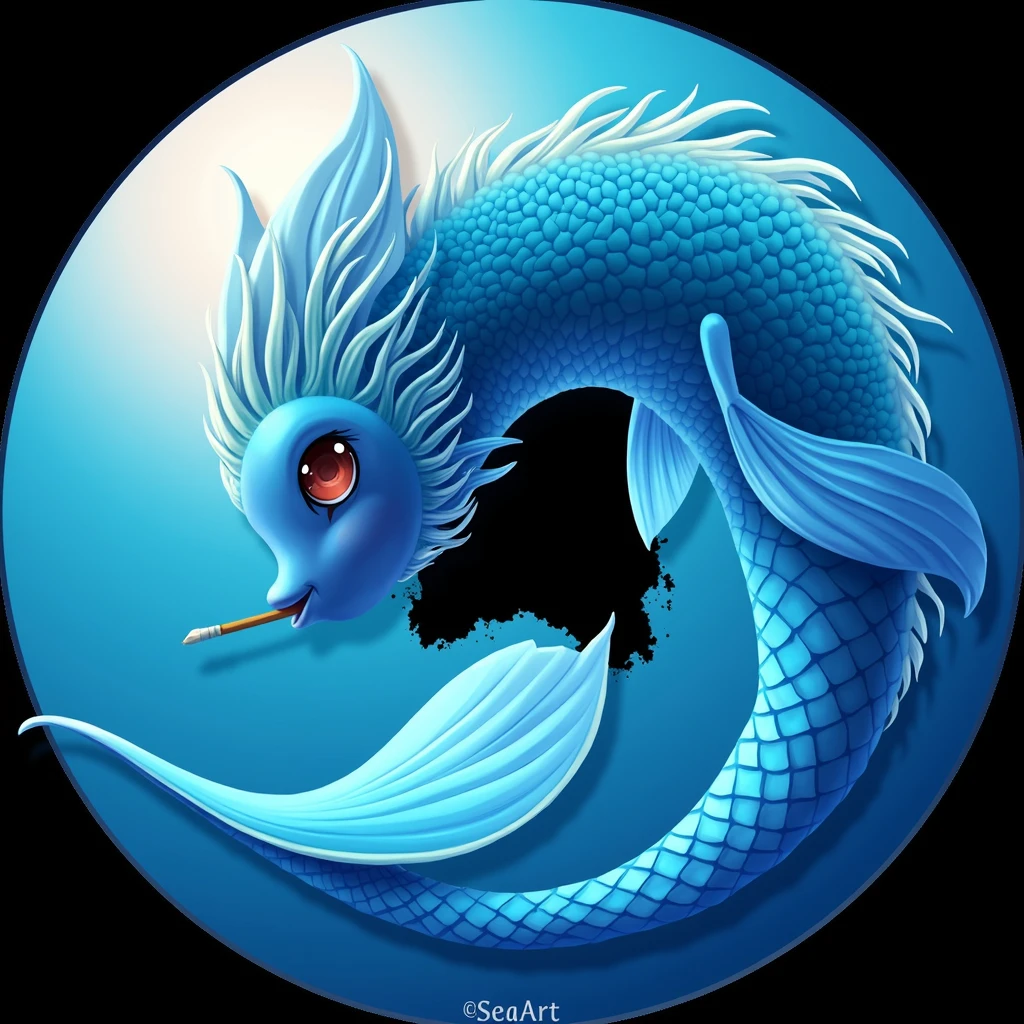 Digital 2D Artwork，Sticker style，Chibi style，Cute mermaid，The head and tail form a ring，The body is served on a blue donut-shaped sauce tray，Blue and white fish tail，Blue and white fish head，Happy face，Cute big eyes，Holding a paintbrush in mouth，antlers，There is the text &quot;SeaArt&quot; below