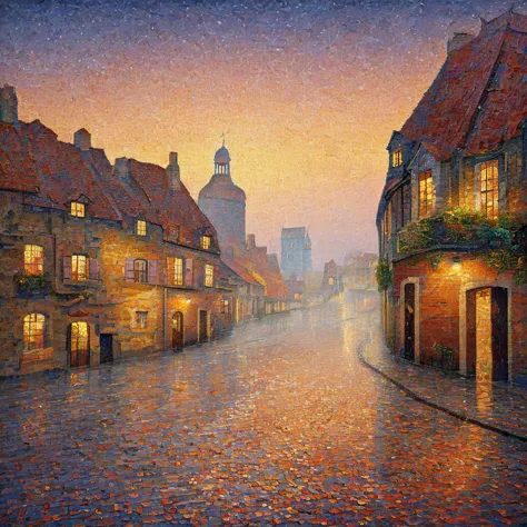 best quality , a detailed illustration of , 16k , pointillism technique , medieval european city at night , cobblestone street ,...