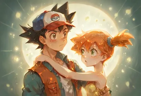 ash_pokemon ,hat , black hair, brown eyes .ash ketchum ,1 guy. misty_pokemon , berry short,orange hair, one side up hair ,big gr...