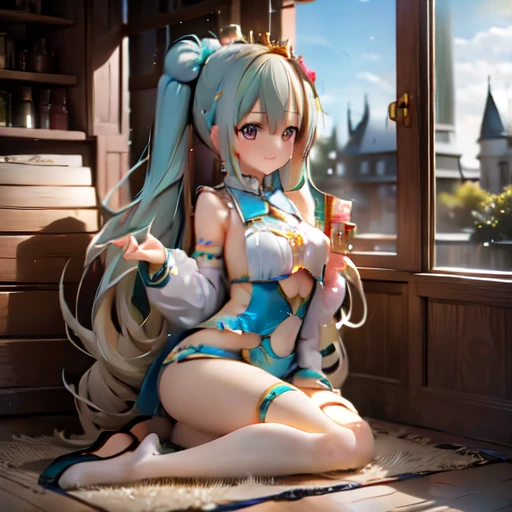 1girl, Hatsune Miku, princess outfit, crown, gold, ((throne)), in a castle, Middle Ages, wearing a blue vest, one foot on the ground, the other foot calf turned outward, one hand holding the microphone, the other hand across the eyes Biye, white background