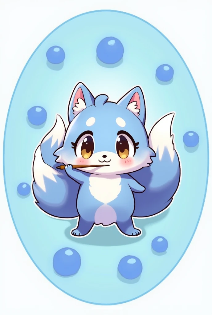 Digital 2D Artwork，Sticker style，Chibi style，A cute many-tailed fox chibi，A blue-bodied，The head and tail form a ring disk on the blue ring paint palette，Cute expression，Cute gestures，Cute pose，Furry，Interesting，Holding a paintbrush in mouth，antlers，Blue circular paint palette background，