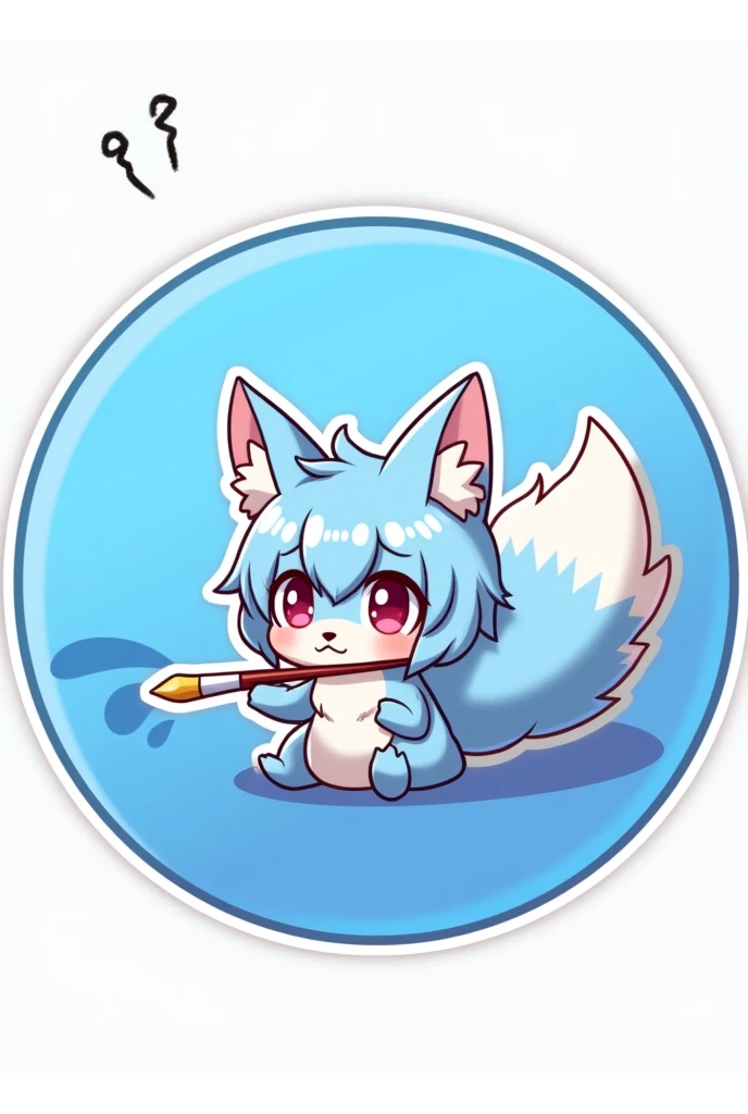 Digital 2D Artwork，Sticker style，Chibi style，A cute many-tailed fox chibi，A blue-bodied，The head and tail form a ring disk on the blue ring paint palette，Cute expression，Cute gestures，Cute pose，Furry，Interesting，Holding a paintbrush in mouth，antlers，Blue circular paint palette background，