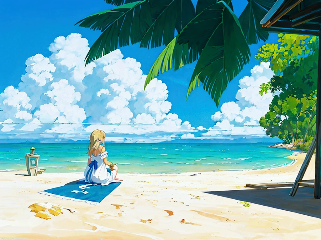 Create a serene and calming scene of a girl playing a grand piano on a beach. The piano is positioned on the sandy shore, with the gentle waves of the ocean in the background. Nearby, there is a cozy beach house with large windows and a welcoming porch, nestled among palm trees. The girl, dressed in a flowing, light-colored dress, is deeply immersed in her music, her hair softly tousled by the sea breeze. The overall atmosphere is tranquil and relaxed, evoking a sense of peace and harmony between music, nature, and home. Reface the girl, make her more pretty, Camera Angle from her back.