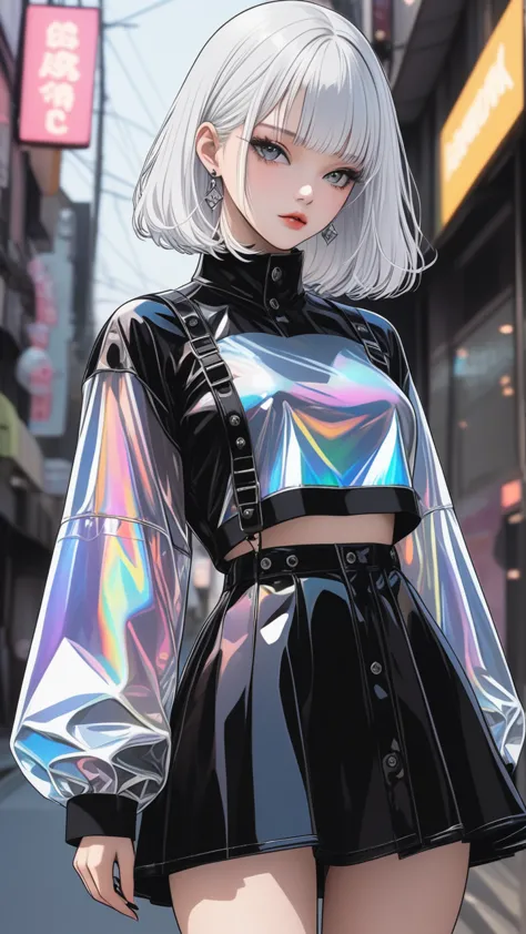 highest quality　masterpiece　high resolution　masterpiece　white hair, grey eyes　hime cut , transparent color vinyl clothing, prism...