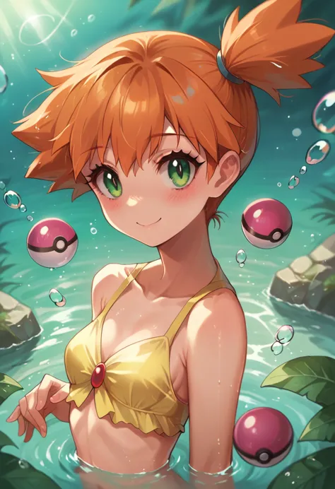 misty_pokemon , berry short,orange hair ,big green eyes,small breasts,skinny . princess of the ocean ,water effect , swimming, s...