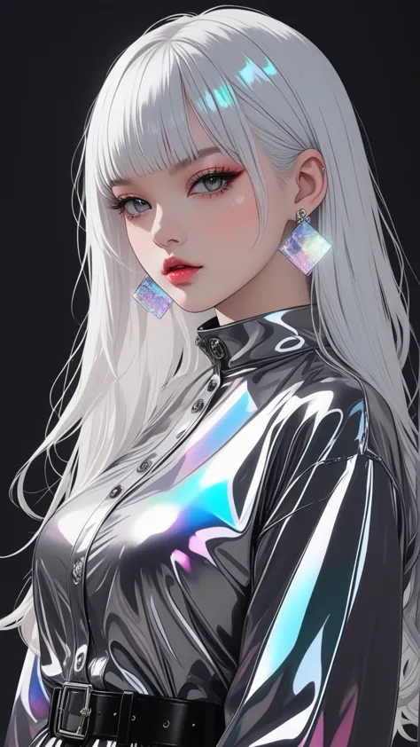 highest quality　masterpiece　high resolution　masterpiece　white hair, grey eyes　hime cut , transparent color vinyl clothing, prism...