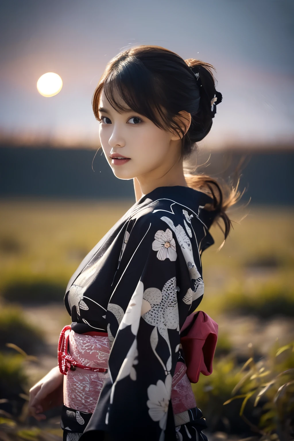 1 girl, (She is wearing a cute yukata:1.2), Very beautiful Japanese idol portraits, 
(RAW Photo Best Quality), (Realistic, Realistic:1.4), (masterpiece), 
Very delicate and beautiful, Very detailed, 2k wallpaper, wonderful, finely, Very detailed CG Unity 8K wallpaper, Very detailed, High resolution, Soft Light, 
Beautiful detailed girl, Very detailed目と顔, Beautiful and sophisticated nose, Beautiful beautiful eyes, Cinema Lighting, 
(Standing in a barren field on a moonlit night in late autumn:1.3), (hill), (Big Moon), (Full-body silhouette of a girl floating in the moonlight), (Dark screen:1.5), 
(Medium Hair), (Hair blowing in the wind), 
Perfect Anatomy, Slender body, Small breasts