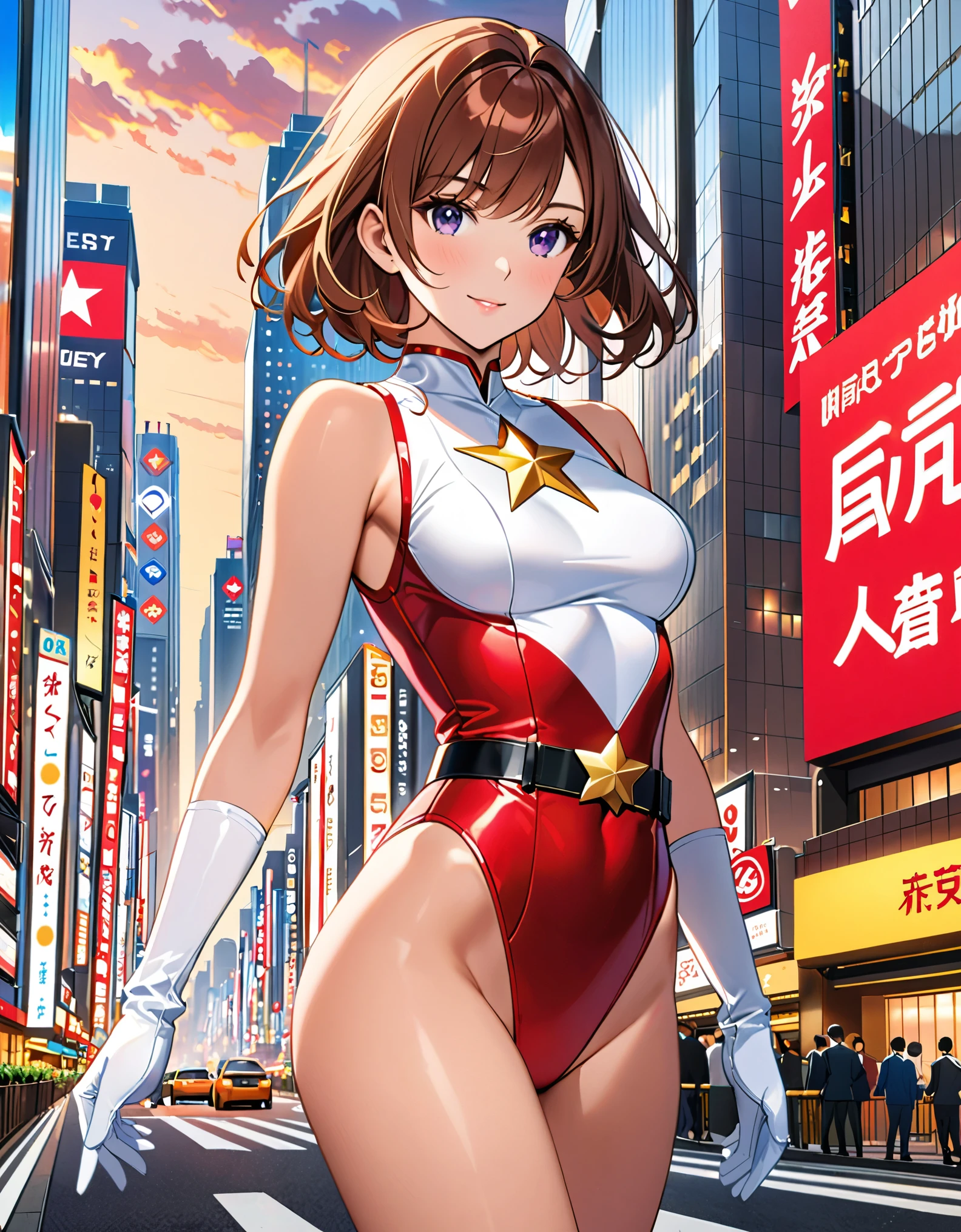 (masterpiece), (best quality), (high res), 8k, medium breasts, cute and attractive woman, ((leotard, white and red leotard, matching leotard, sleeveless, bare legs)), ((tight belt, gold belt)), ((boots, matching boots, ankle-high boots, white boots)), ((gloves, white gloves)), city backdrop, tokyo city backdrop, solo, solo focus, standing, (full body), cowboy shot, superhero, ((beautiful detailed eyes)), ((gold star symbol on chest)), (brown hair, medium hair, bob hair, purple eyes), (perfect hands, perfect anatomy), cowboy shot, superhero, ((beautiful detailed eyes)), full body costume design.