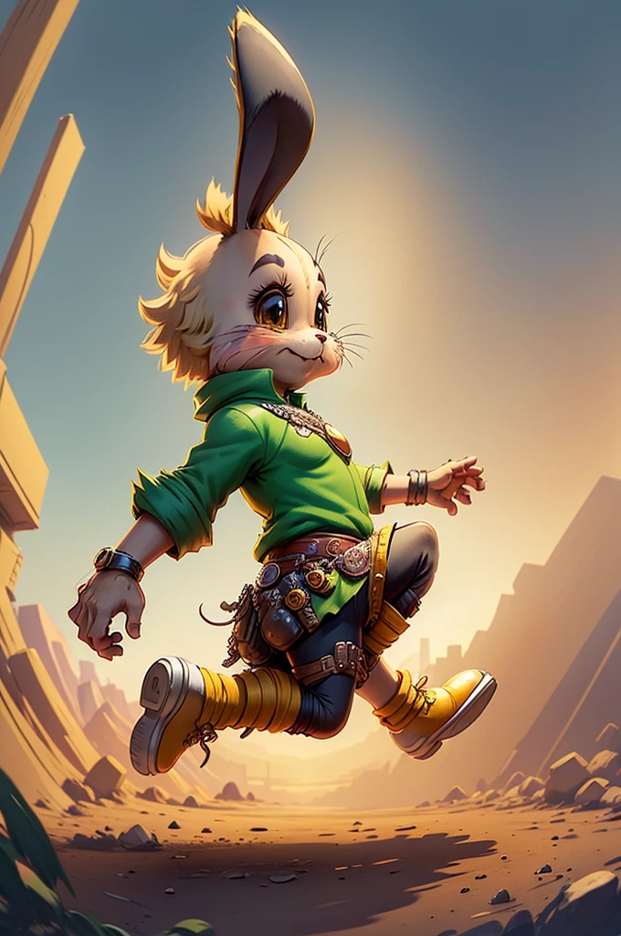 Solo bunny, Anthropomorphic short legs, bunny head, adventurer, fantasy, concept art, full body in shot, bunny legs, large yellow eyes, feminine, jumping