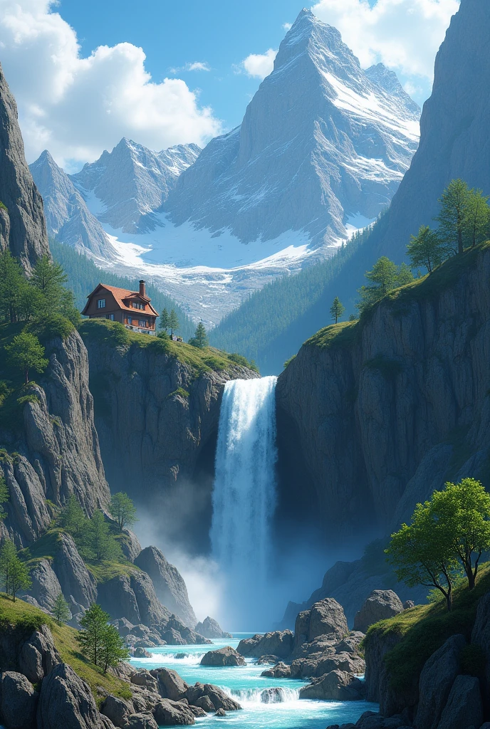 painting of a waterfall in a mountainous area with a house on the top, vertical wallpaper, 4 k vertical wallpaper, 4k vertical wallpaper, 8 k vertical wallpaper, 8k vertical wallpaper, ross tran. scenic background, beautiful mattepainting, 4 k matte painting, detailed scenery —width 672, beautiful iphone wallpaper, avatar landscape, inspired by Raphael Lacoste