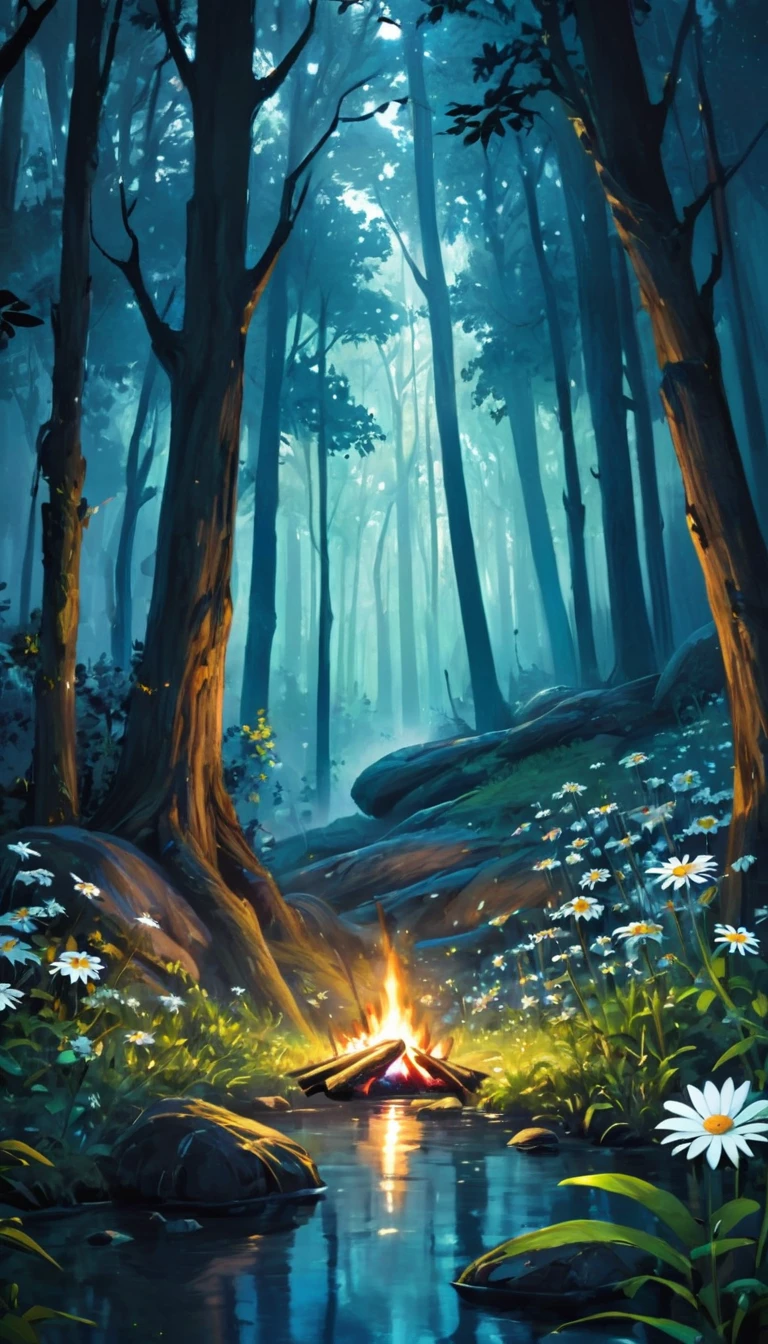 painting of a forest, moonlit forest environment, quiet forest night scene, dark forest in the background, night forest background, mystical forest lagoon, dark forest in background, anime lush john 8k woods, elf forest background, concept art of a dark forest, magical forest in the background, deep forest in the night, night forest, Create a serene digital painting of a dense forest at night, captured in a high resolution 8k format with a 9:16 proportion. The scene should center around a cozy bonfire that flickers gently, casting warm light against the cool, blue and green hues of the surroundings. Directly in front of the fire, place an open red book on the grass, which looks as if it invites mystery and adventure. Surround the book with daisies and a carefully arranged assortment of ninja weaponry, including shurikens, kunai, and other shinobi equipment, all seamlessly integrated into the natural setting. The overall atmosphere should be dreamy, evoking a story waiting to be unfolded