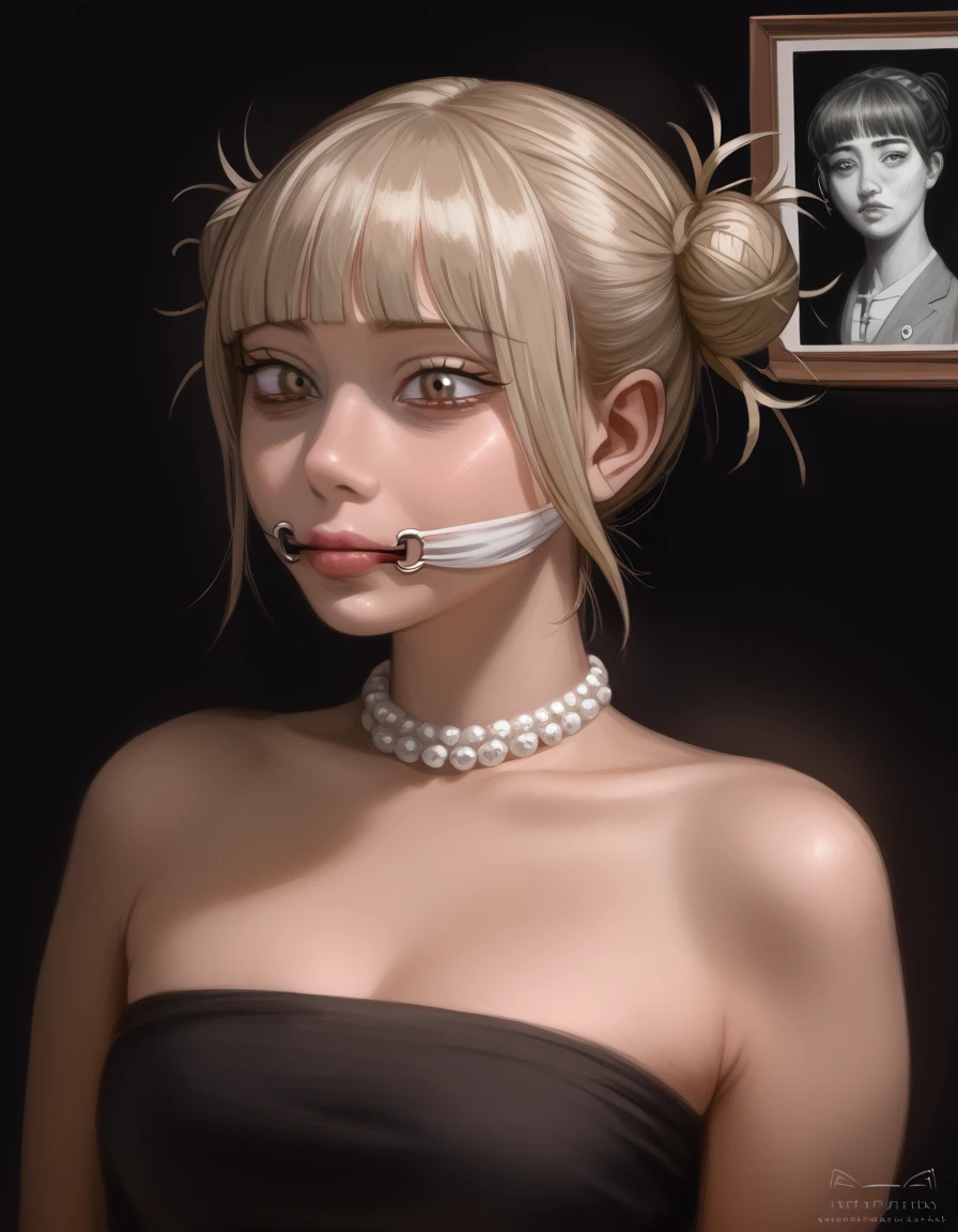 Himiko Toga (The best quality,4k,8K,high resolution,masterpiece:1.2),Ultra detailed,(realistic,photorealistic,photo-realistic:1.37), a woman tiedin a sheer dress, gr3ysh33r,tied&gagged, fine arts, dark environment, bright lighting, mystery, Atmosphere of suspense, manos y pies tieds, detailed facial expression, dramatic shadows, intricate knots, sensual curves, photograph, dramatic composition, high contrast, Captivating pose, ojos seductivees, shiny texture, captivatingly beautiful, art of slavery, seductive, provocative, emotional, monochrome palette, elegant lines, intense emotions. Himiko Toga 