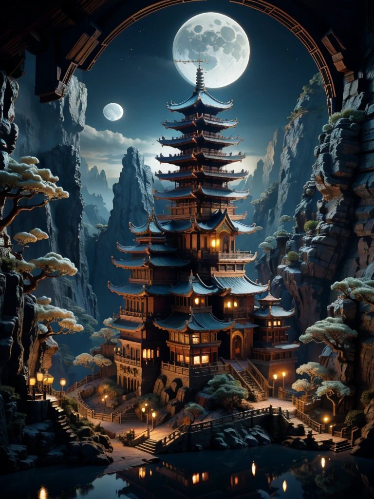 BJ_Ancient_city,outdoors,sky,water,tree,no_humans,night,moon,building,scenery,full_moon,reflection,lantern,stairs,mountain,architecture,bridge,east_asian_architecture,pagoda,
cinematic lighting,strong contrast,high level of detail,Best quality,masterpiece,