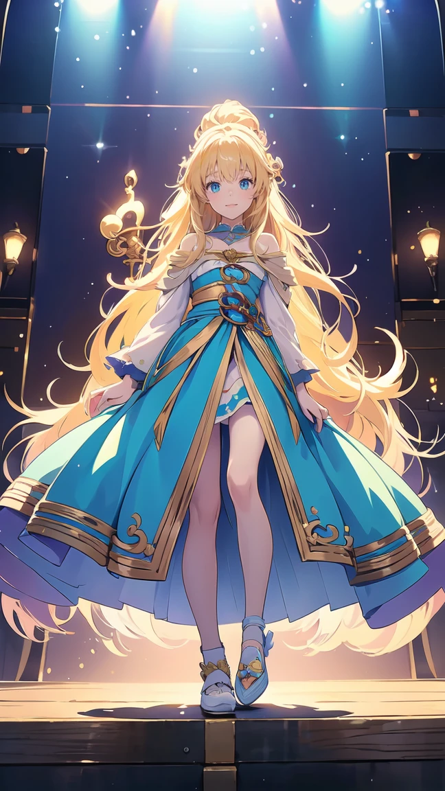 "Anime style digital fanart, set in a fantasy RPG setting, with a young bard as the main character. The girl is in a full body pose, front view, Emanating a combination of elegance and tenderness characteristic of the kawaii style. Wear a fluid and vibrant outfit, decorated with magical and musical symbols that glow softly, highlighting its connection with music and magic. Her long, wavy hair has pastel shades that reflect her cheerful personality.. The focal point of your outfit is your shoes.: delicate glass slippers with small heels, which give it an ethereal and fairy-tale appearance. The sneakers shine like glass, adding to the magical atmosphere of the stage. In one hand he holds a lute, ready to play a melody or cast a spell. Her large, expressive eyes convey confidence., as if he were about to perform a magic performance. The style mixes kawaii elements with traditional anime fantasy.."