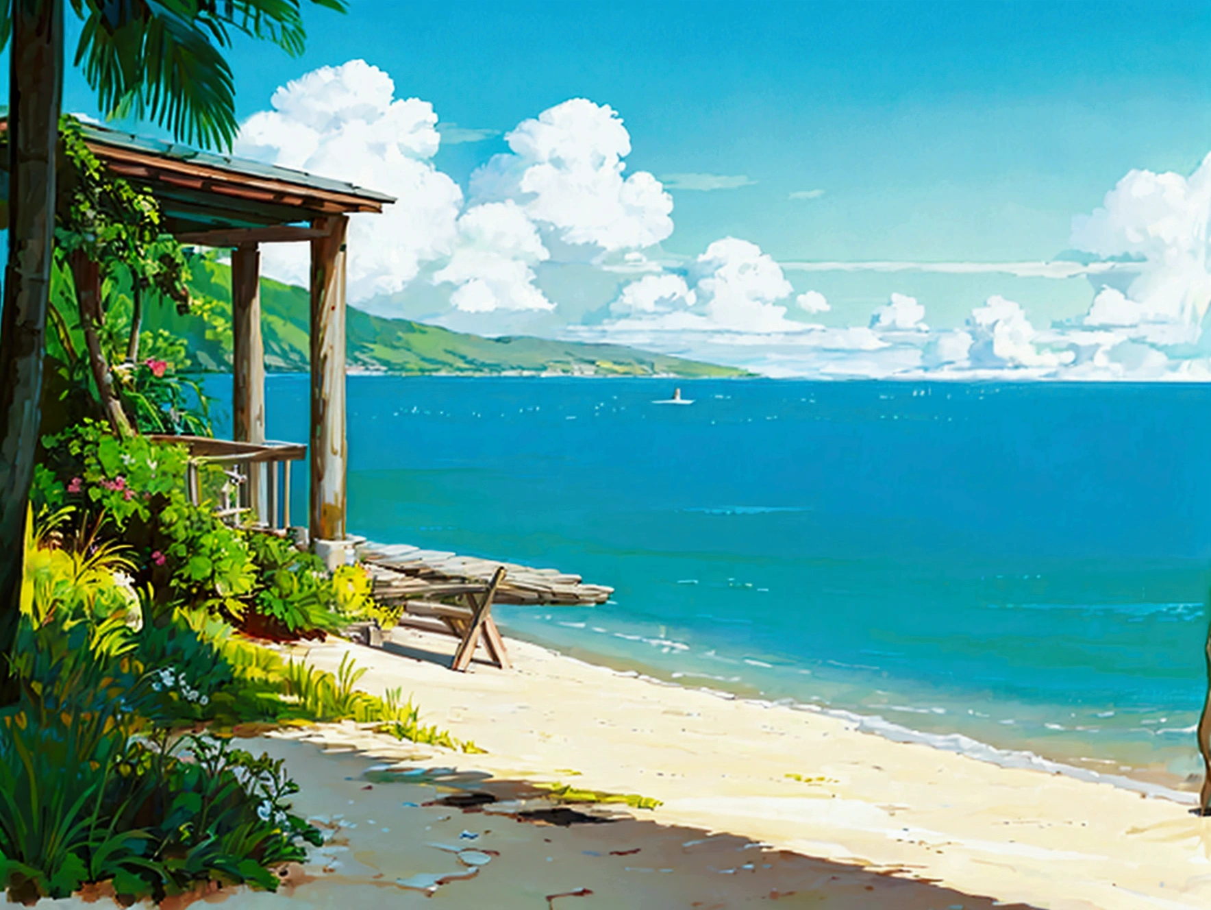 Create a serene and calming scene of  a grand piano on a beach. The piano is positioned on the sandy shore, with the gentle waves of the ocean in the background. Nearby, there is a cozy beach house with large windows and a welcoming porch, nestled among palm trees. The girl, dressed in a flowing, light-colored dress, is deeply immersed in her music, her hair softly tousled by the sea breeze. The overall atmosphere is tranquil and relaxed, evoking a sense of peace and harmony between music, nature, and home. Reface the girl, make her more pretty, 