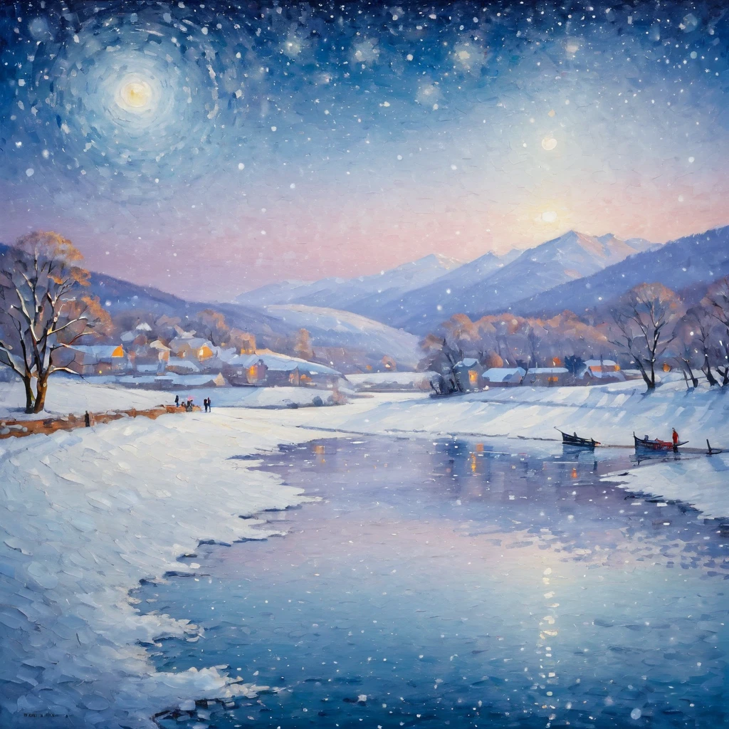 best quality, a detailed illustration, 16K, Ultra-fine illustrations, highest quality, deep starry sky, flowing river is softly shining, women standing on the river, transparent like ice skin, snowflakes floating on the surface of the river, snowflakes born from women's skin , snowflakes floating on water, ice fish born from snowflakes, ice fish swimming, a gentle expression on a woman's face, the silence of a river, a mysterious landscape,
