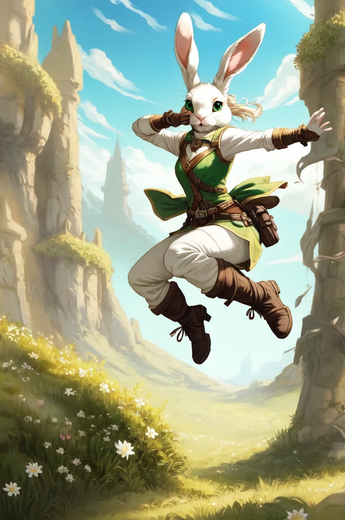 bunny, female, short, Anthropomorphic, bunny head, adventurer, fantasy, concept art, full body in shot, bunny legs, large green eyes, jumping