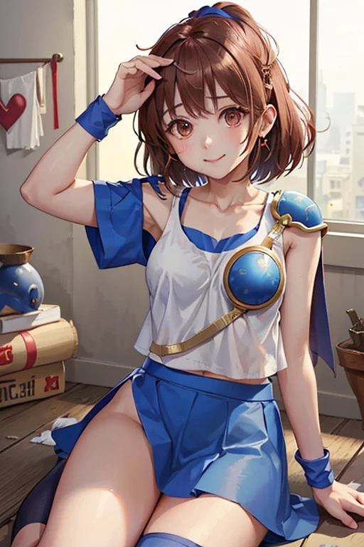 （（（ＳＦＷ、sound、Highest quality、First class work、Normal body、chest、Detailed face、Ultra-precision、Normal hand、通常のrefer to、５refer to、Highest）））、beautiful girl、Brown Hair、topless,Bobcut、thin、Low length、thin足、arles、Puyo Puyo４、magic使い、Blue short sleeve shirt、White tank top、Tank top over shirt、Blue mini skirt、Half shoulder pad、Half Breastplate、Red cheeks、Dungeons、Spread your legs、Torn clothing:1.7、Ripped tank top、Torn Shirt、Torn Skirt、I flipped up my skirt、Open clothes、smile、Energy Spread、magic、jacket partially removed, heart in eye, burnt clothes,  doujin cover, pentagram, tape gag, adjusting headwear, red socks, friends, cloud print, oral invitation, gradient legwear, wind chime, carrying over shoulder, tape measure, flaming weapon