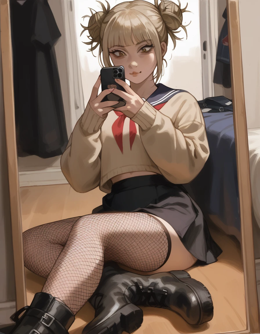 Himiko Toga taking a selfie in front of the mirror, (black fishnet stockings, black skirt and black boots 